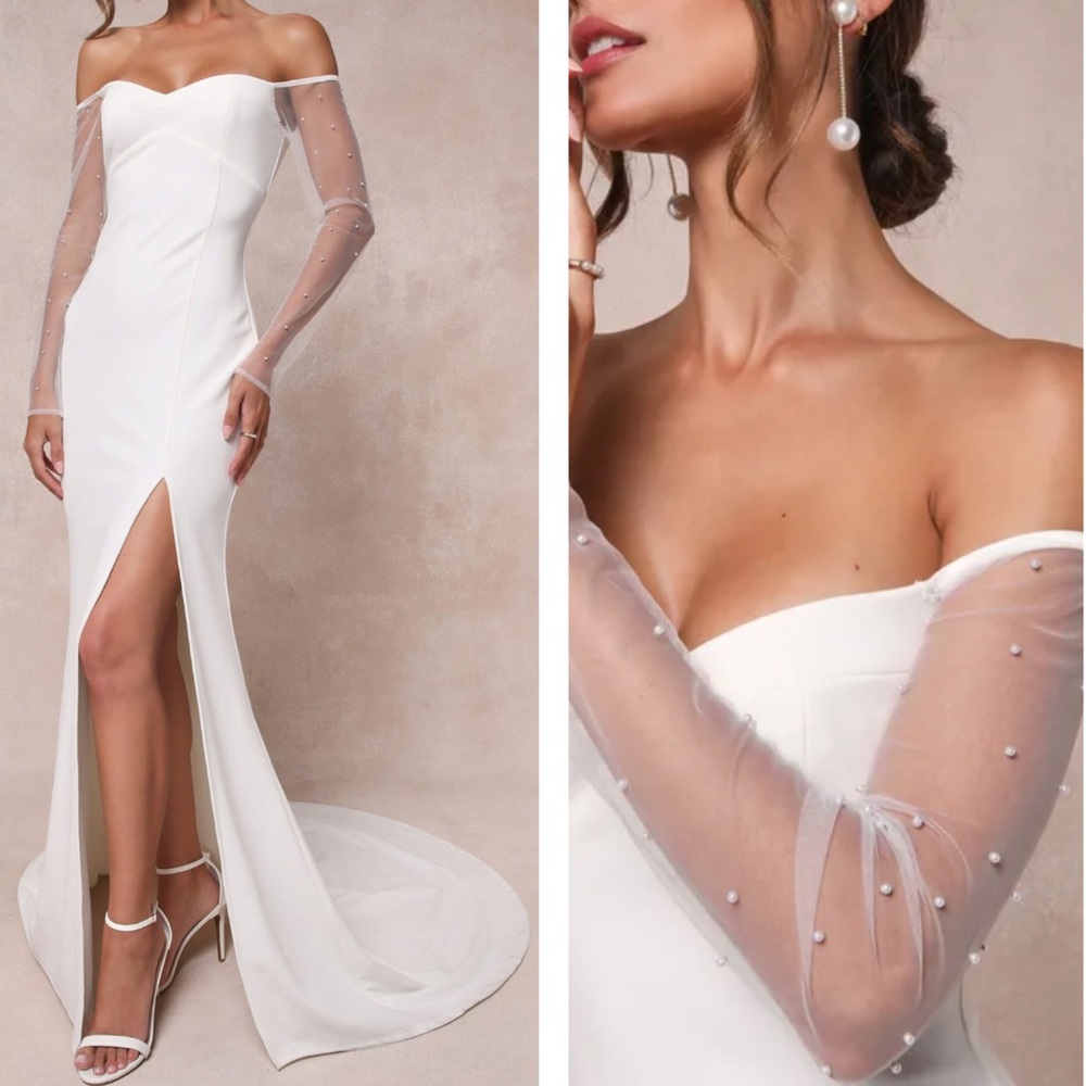 Lulu's Elegant White Wedding Dress with Sheer Sleeves